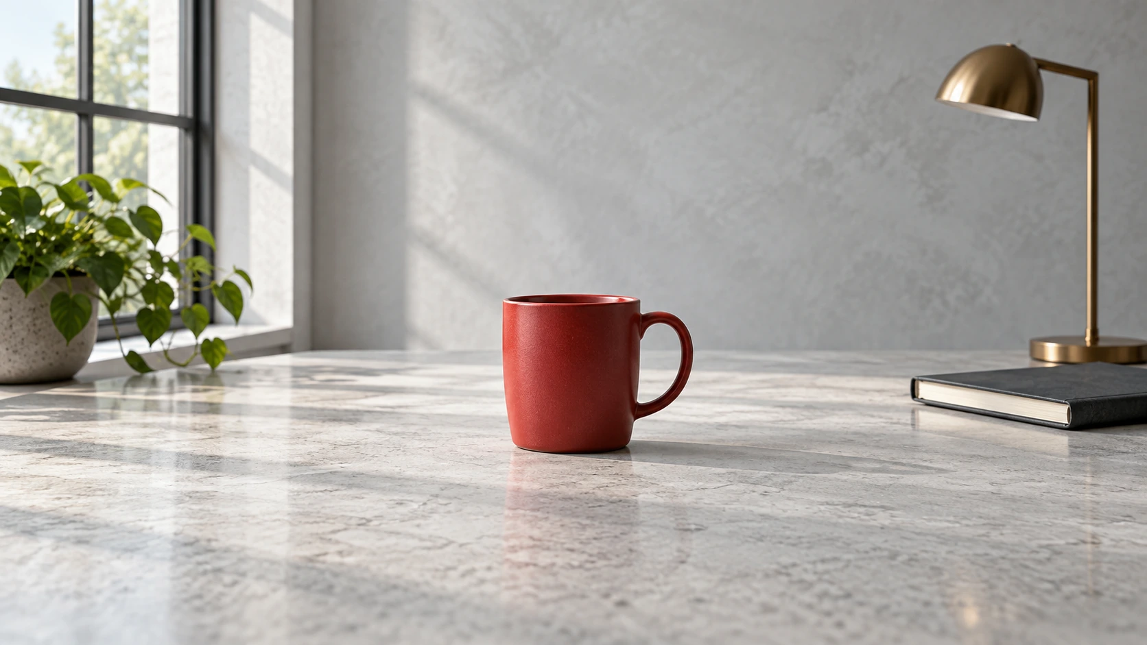 Wide workspace scene with a red mug, plant, notebook and desk lamp