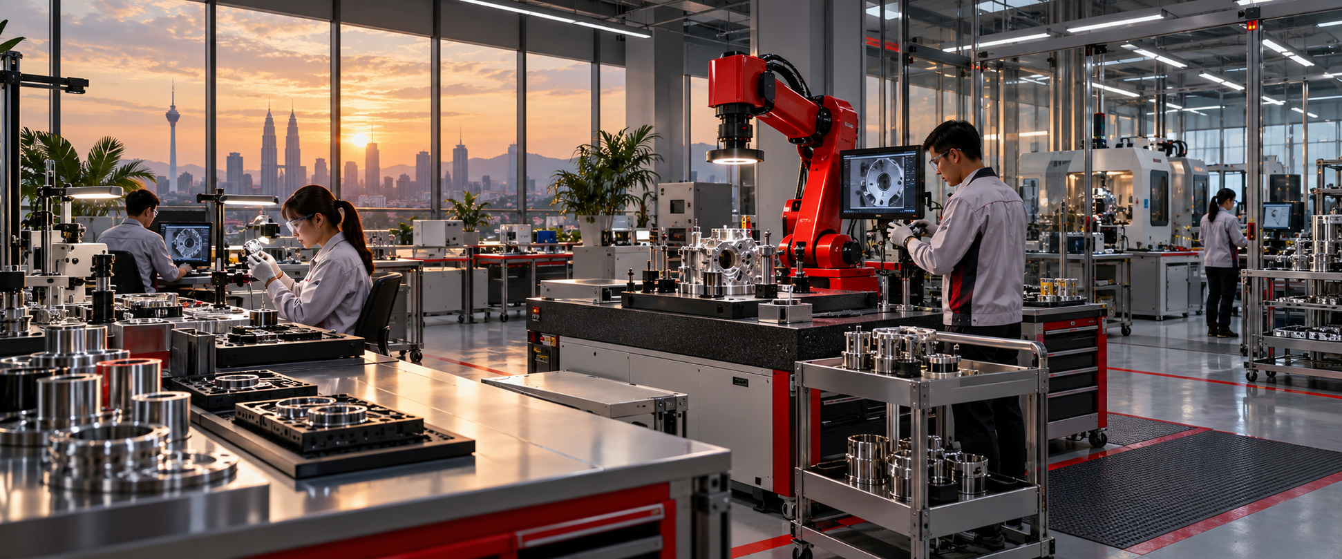 AI-generated manufacturing lab with a red robotic inspection arm, engineers, and Kuala Lumpur skyline at sunset